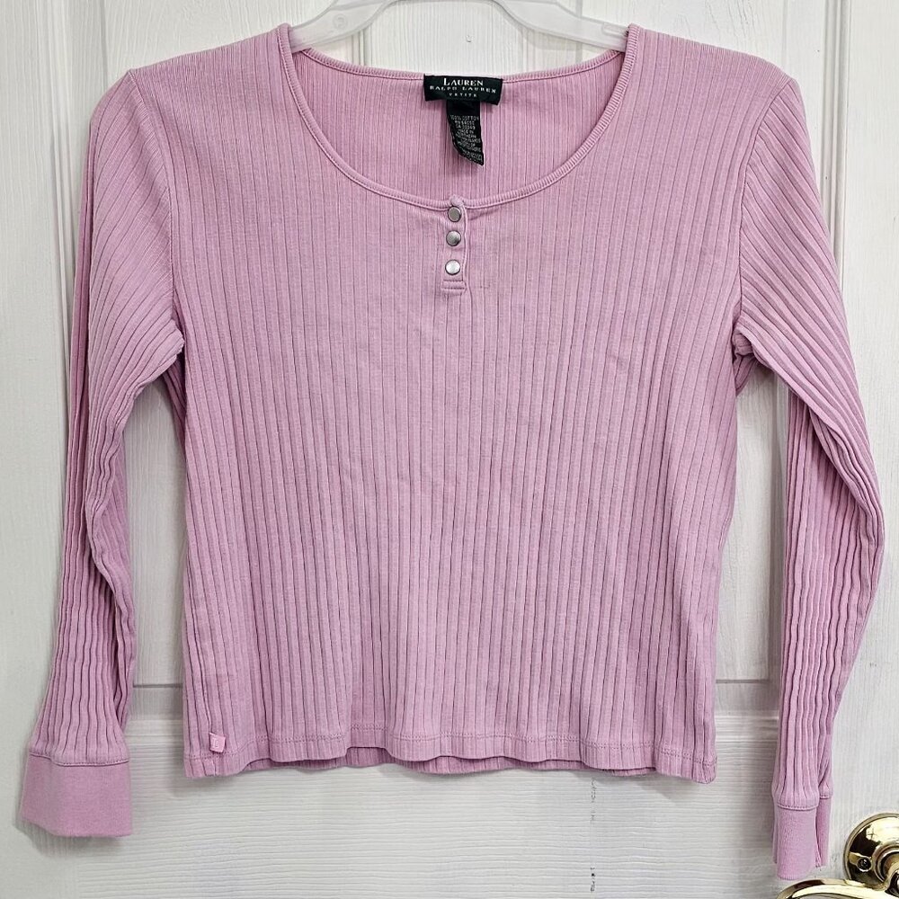 Lauren Ralph Lauren Petite Pink Ribbed Henley Top Long Sleeve 100% Cotton P/L